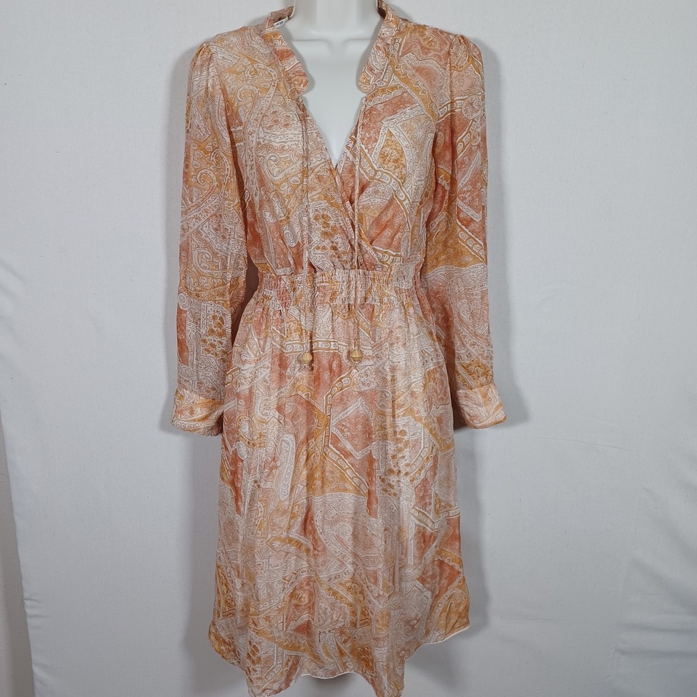 Kate Lily Orange Paisley Boho‎ Peasant Dress Surplice Long Sleeve Smocked Midi 4